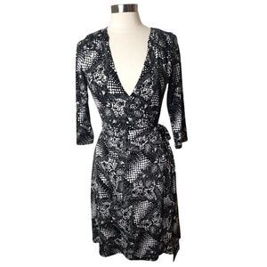 Simply Irresistible Wrap Dress L Black & White Deep V-Neck Belted Waist Vacay